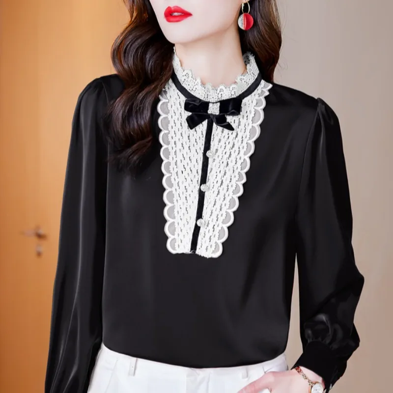 Vintage Medieval Victorian Blouse Royal Court Palace Shirt Steampunk Gothic Shirt Stand Neck Ladies Women Pullover Bow Lace Tops