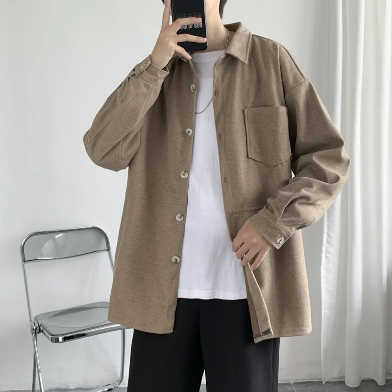 Spring and Autumn Thick Woolen Shirt, Men\'s Casual Loose Korean Style Jacket, Trendy Long-sleeved Buttoned Plus Size Top Fashion