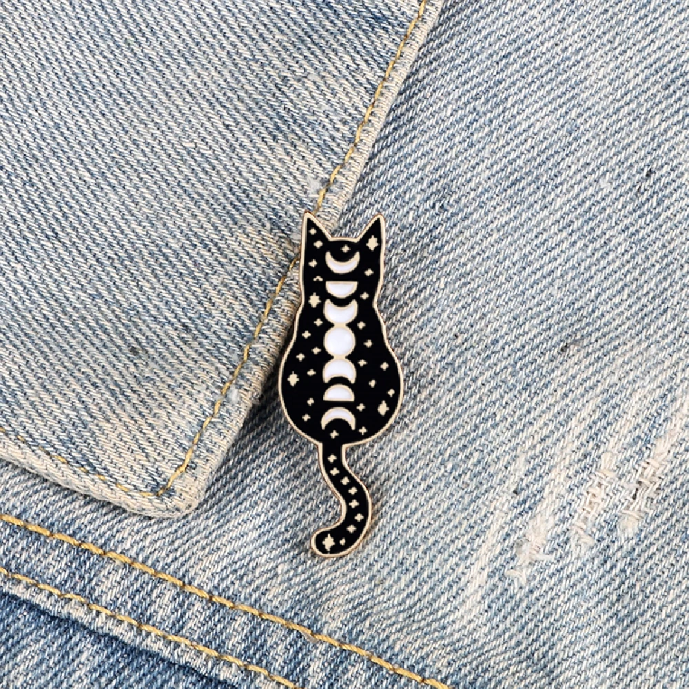 Witch Black Cat Enamel Brooches Custom Moon Star Phase Wizard Cat Creative Pop-Enamel Pin Lapel Badges Jewelry Gifts for Friends