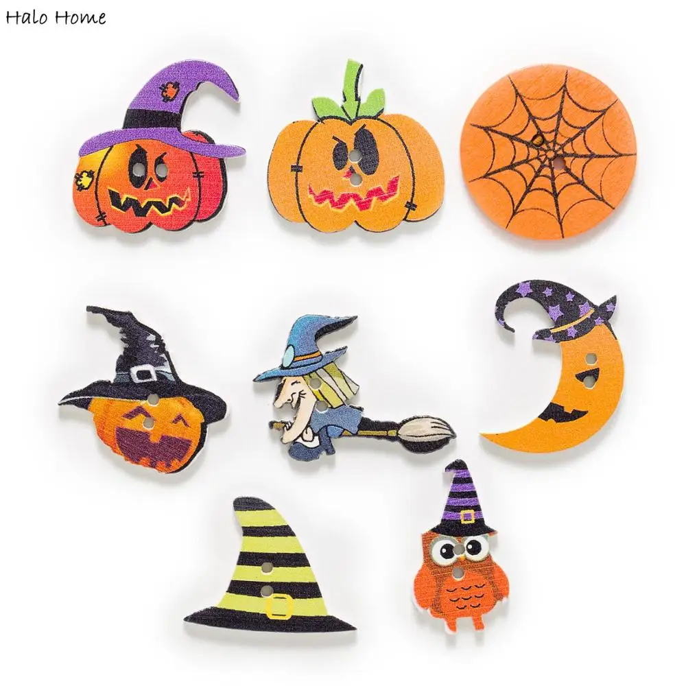 30 sztuk Halloween dynia drewniane guziki do szycia tkaniny Scrapbooking rzemiosło tworzenie kartek akcesoria wystrój domu 14-41mm