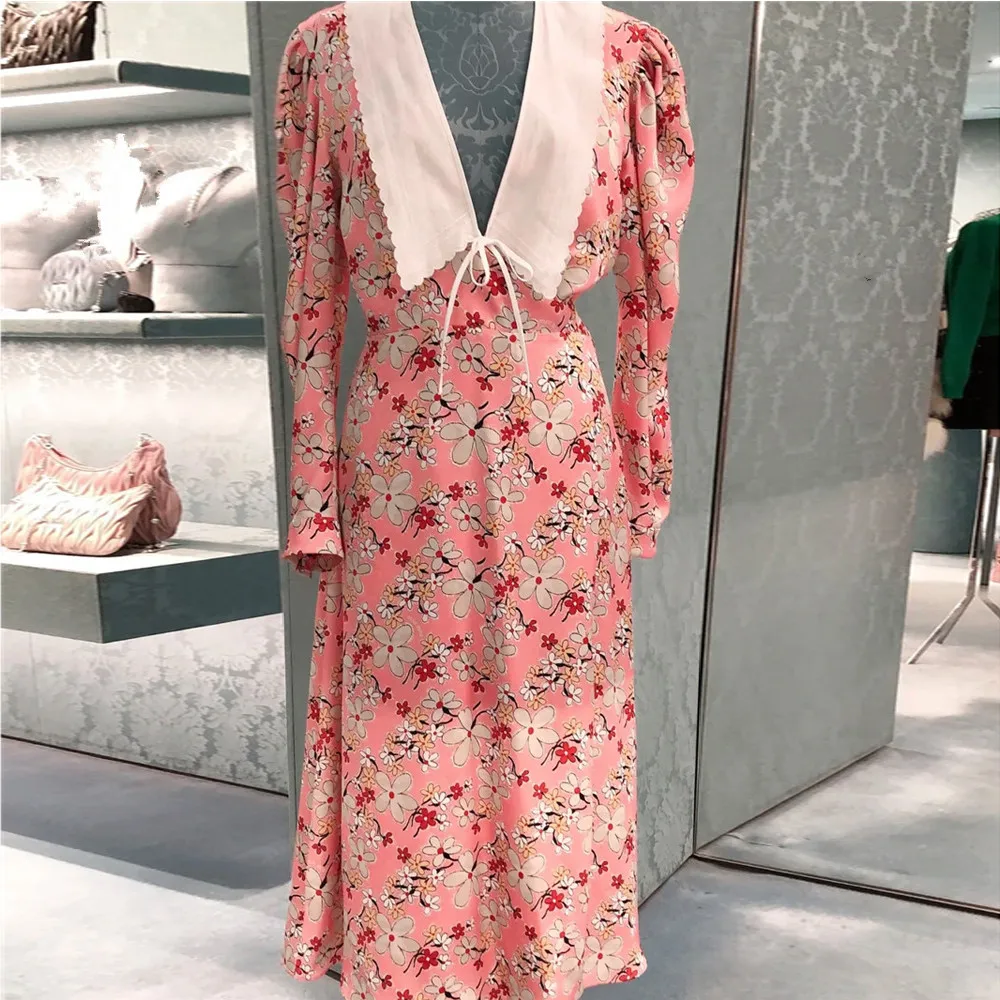 Vintage V-neck Long Sleeve Chiffon Women Dress 2023 Summer Elegant Pink Floral Printed Midi Dresses for Women