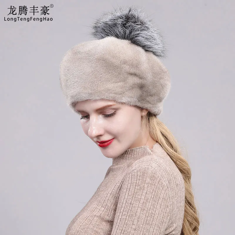

New Leather Full Leather Mink Fur Hat Winter Ladies Beret Elegant New Fashion Models Thick Warm Fox Fur Ball Fur Hat
