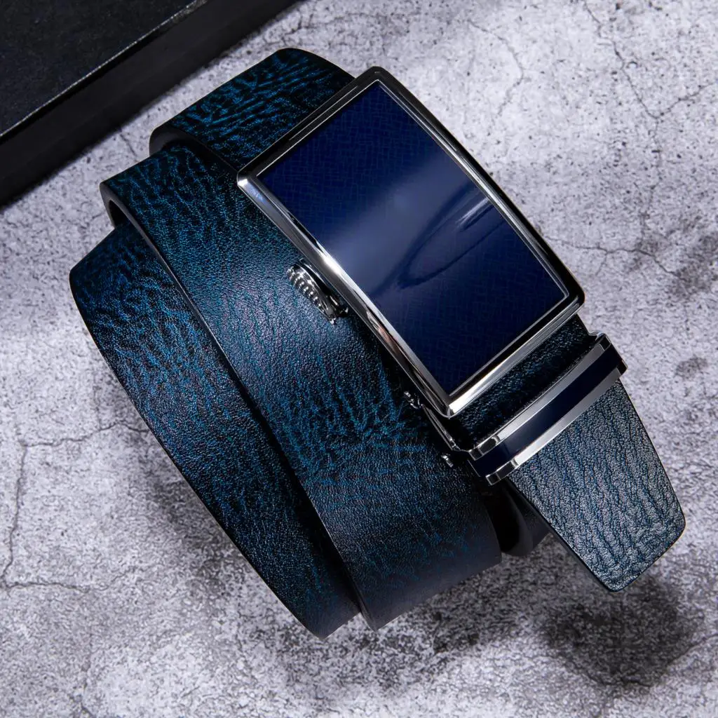 Hi-Tie Mens Belts Metal Automatic Buckles Blue Navy Genuine Leather Ratchet Adult Waist Belt for Men Dress Jeans Wedding Party