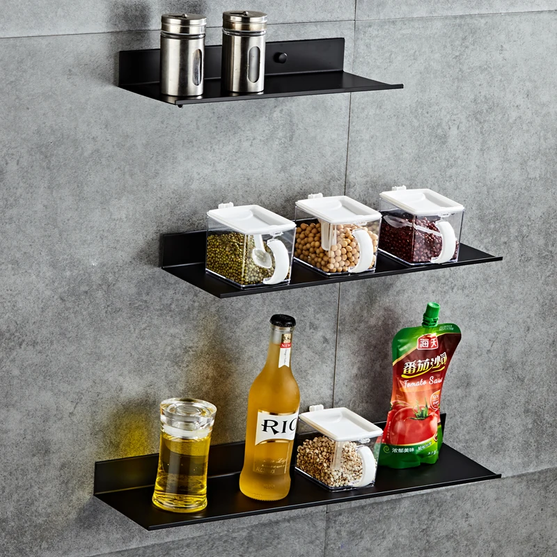 Punch-free black kitchen seasoning shelf space aluminum rack wall-mounted kitchen hardware kitchen shelf