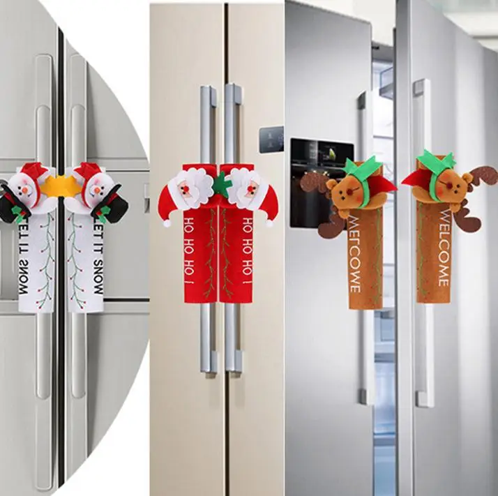 Christmas Refrigerator Handle Cover Santa Snowman Door Gloves Refrigerator Oven Protection Cover Xmas Kitchen  Decoration SN3462