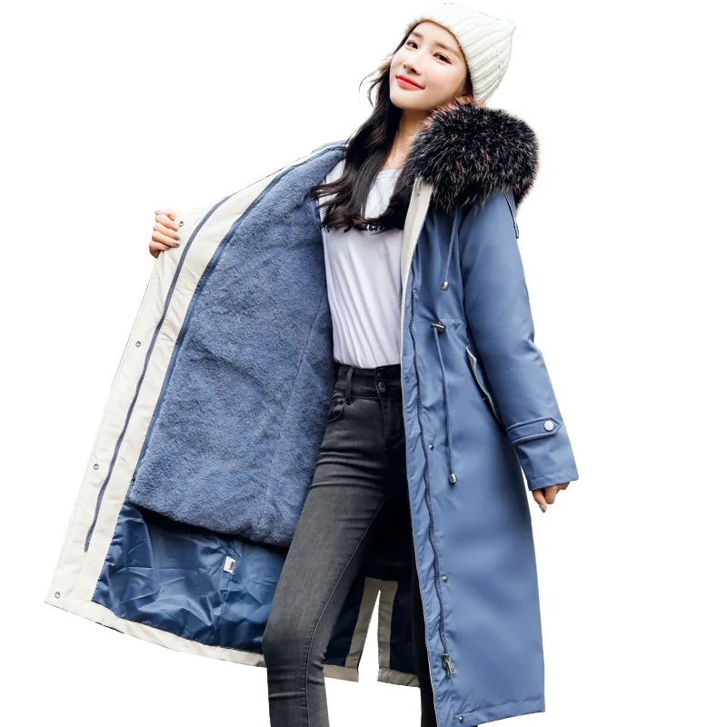 

Korean Style Women X-Long Wool Liner Jacket Nice Winter Solid Slim Parkas With Fur Collar Hooded Oversized Thick Chaquetas Mujer