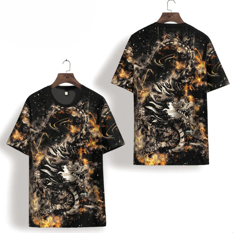 

New 2021 Men's Trend All-Match Black Short-Sleeved Chinese Style Dragon Pattern Ice Silk Quick-Drying Short-Sleeved T-Shirt Soft