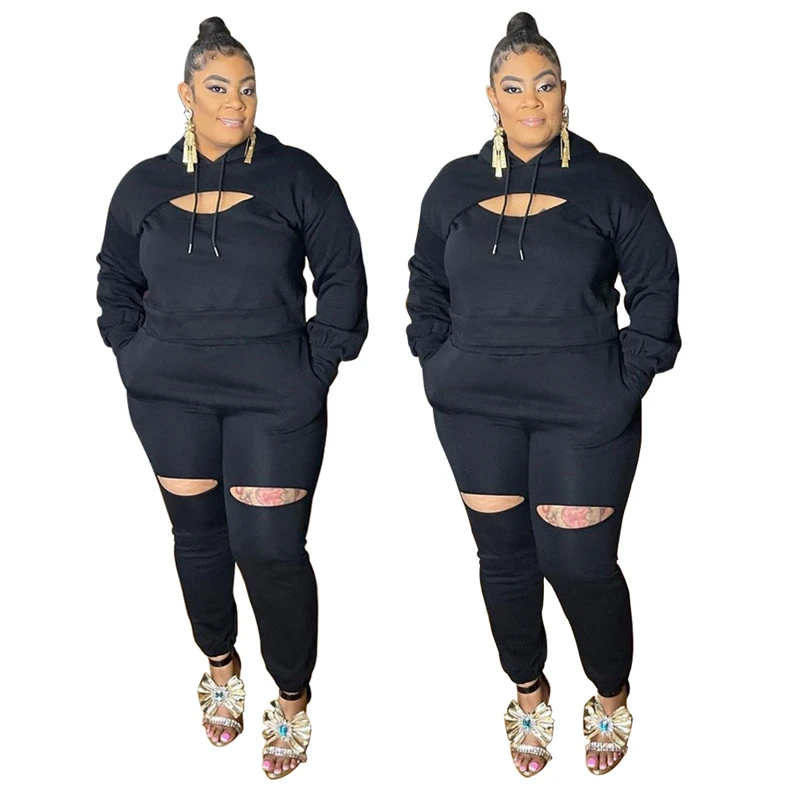 Plus Size Women Clothing Black Sport Set Long Sleeve Tops and Pants Set Tracksuit Ladies Jogging Suits Wholesale Dropshipping