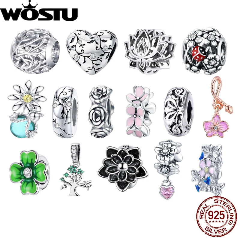 WOSTU Tree Of Life Silver Charms 925 Sterling Silver Flower Beads Enamel Pendant Jewelry Women Bracelet Necklace Fine Jewelry