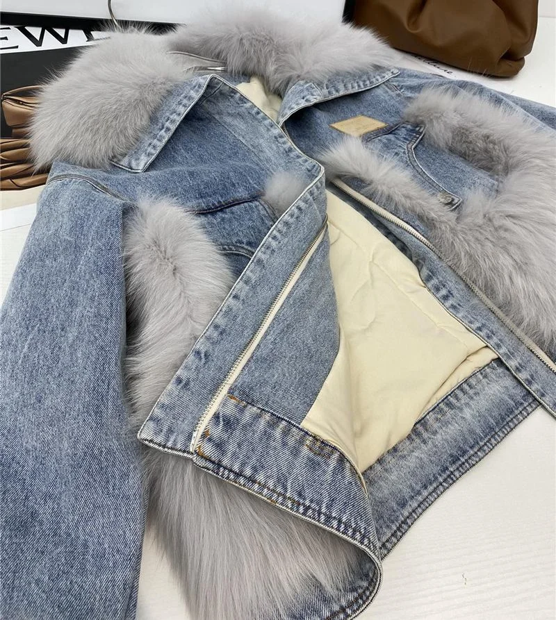 Denim Jacket Parka 90% เป็ดสีขาวลงฤดูหนาวหนาอบอุ่นผู้หญิง Parkas จริง Fox ขนสัตว์