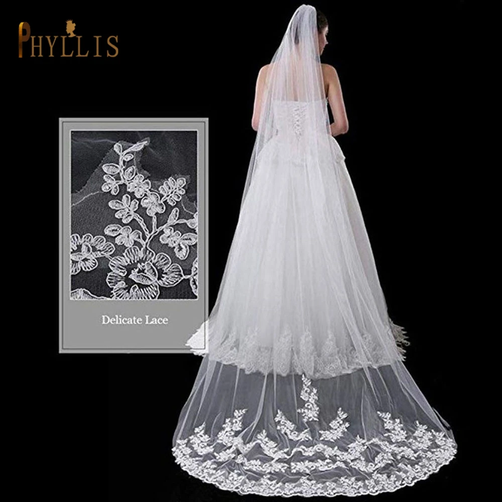 B54 Kathedraal Bruiloft Sluier Met Kam 3 Meter Lange Bruidssluier 1 Layer White Bridal Veil Borduren Bloem Bruiloft Accessoires