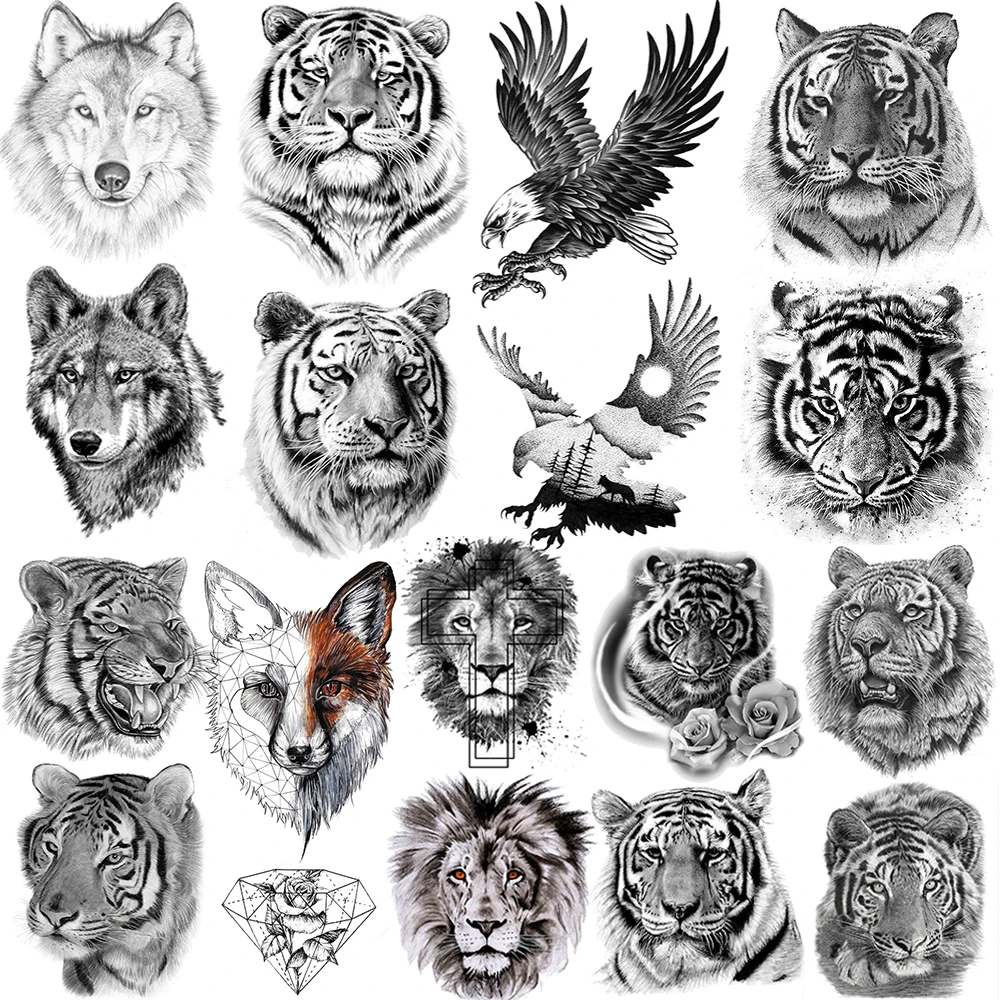 Tatouages temporaires d\'animaux pour hommes et femmes, brassards de corps, autocollant de faux tatouage, tigre, wapiti, renard, loup, aigle,