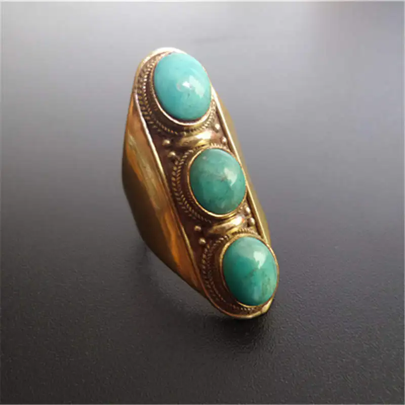 Nepal Vintage Jewelry Brass Inlay Natural Turquoiss Golden Finger Ring for Lady R165