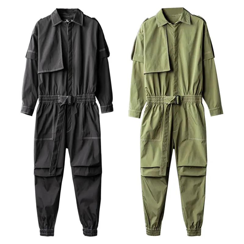 Spring Overalls Men Jumpsuit Lapel Long Sleeve Elastic Waist Beam Feet Streetwear Fashion Clothing Cargo Pants Black Trousers