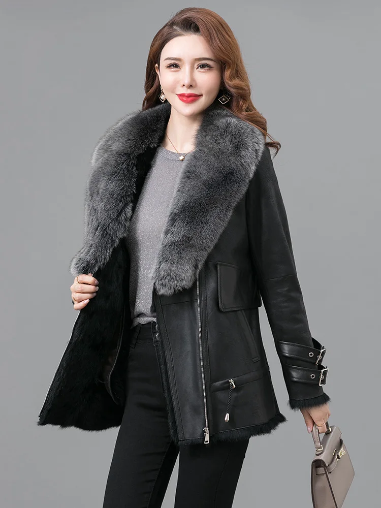 2021 New Rabbit Fur Coat Double Face Fur Jackets Female Short Genuine Leather Fur Overcoat Winter Warm Fox Fur Collar Thickened