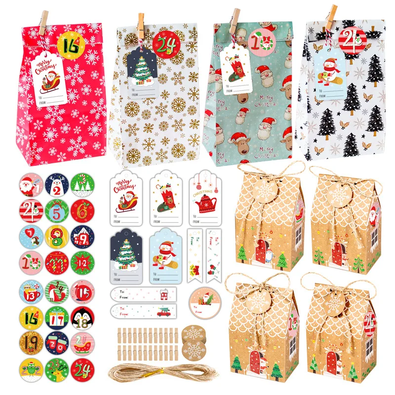 24sets House Box Kraft Paper Bag Christmas Advent Calendar Gingerbread Holiday Count Down Gift Packaging Kids Gift Noel Navida