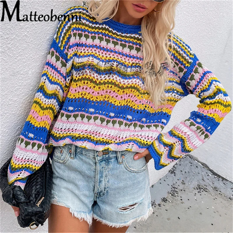 2021 Autumn Winter Women Patchwork loose Inter-Color Rainbow O Neck Striped Print Sweater Ladies Fashion Casual knitting Sweater