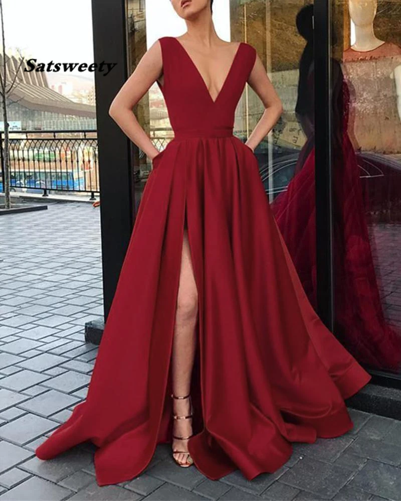 Simple Red Prom Dresses V-Neck Satin High Slit Evening Party Dress With Pockets Long Prom Gown vestidos de festa