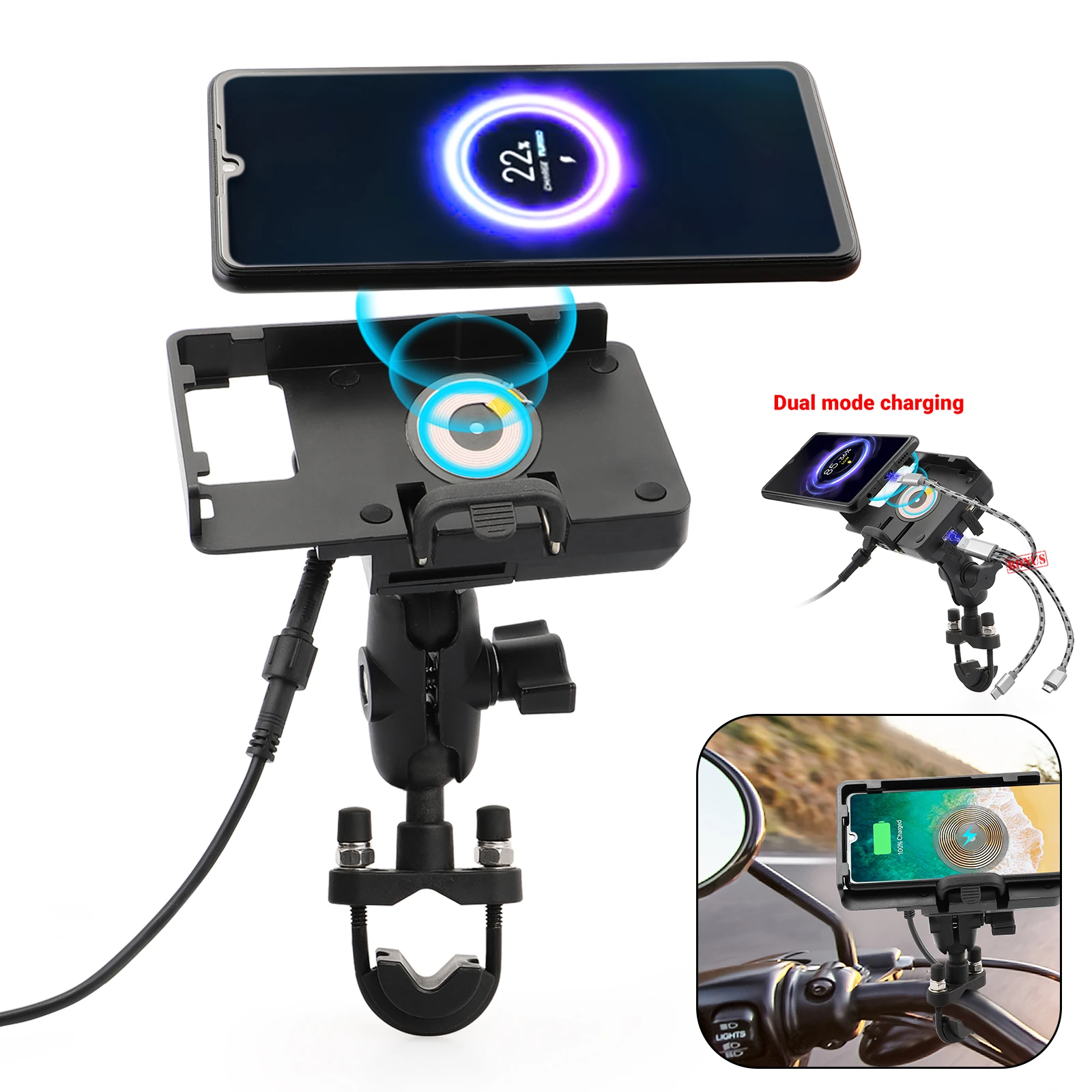 

Motorcycle mobile phone holder wireless/USB fast charger holder U-bolt universal For Bars Rails 0.5" - 1.25" in Diameter Compat