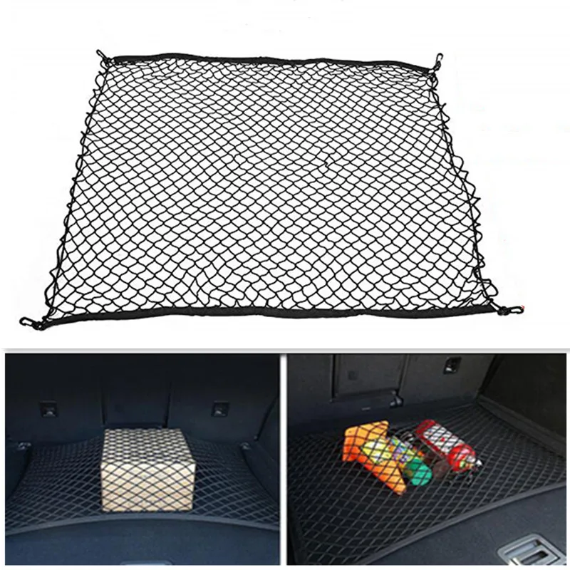 Car Trunk Net Luggage Storage Cargo Organizer Nylon Stretchable Elastic Mesh Net with 4 Plastic Hooks 70*70  Universal   black