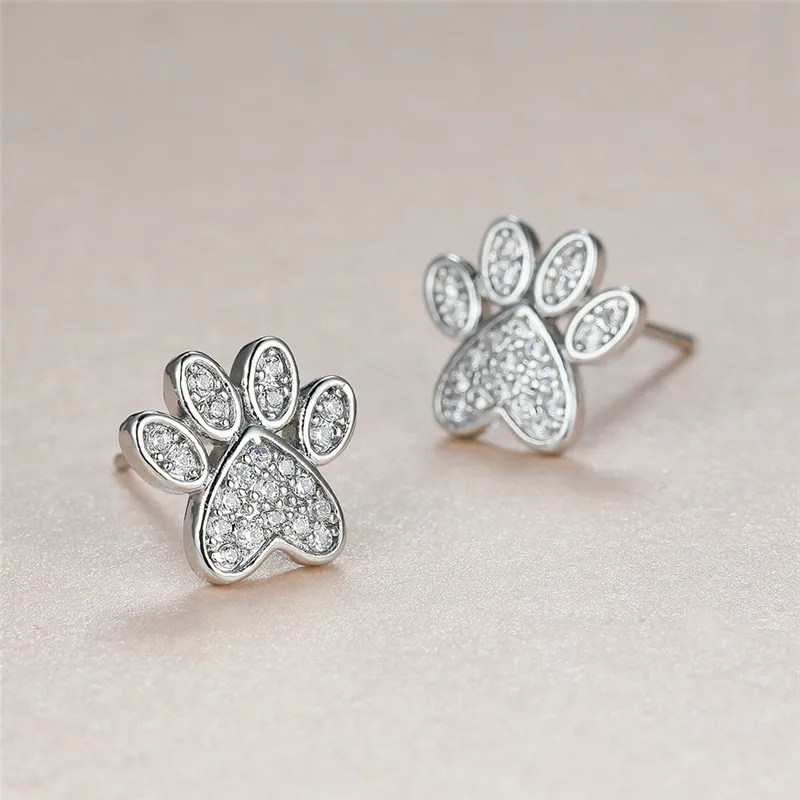 Cute Heart Cat Paw White Zircon Stud Earrings For Women Vintage Fashion Animal Footprint Crystal Stone Earrings Wedding Jewelry