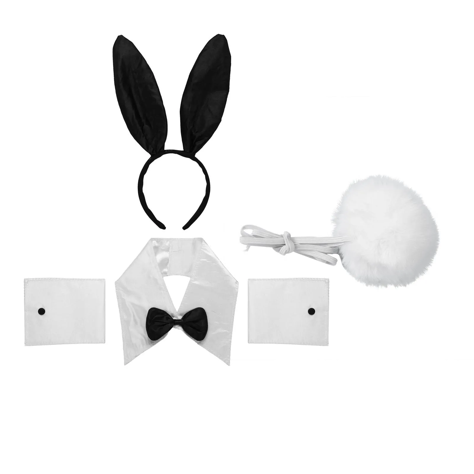 Women Bunny Accessory Set Rabbit Ear Headband Collar Bow Tie Cuffs Rabbit Tail for Halloween Christmas Costume Cosplay Party