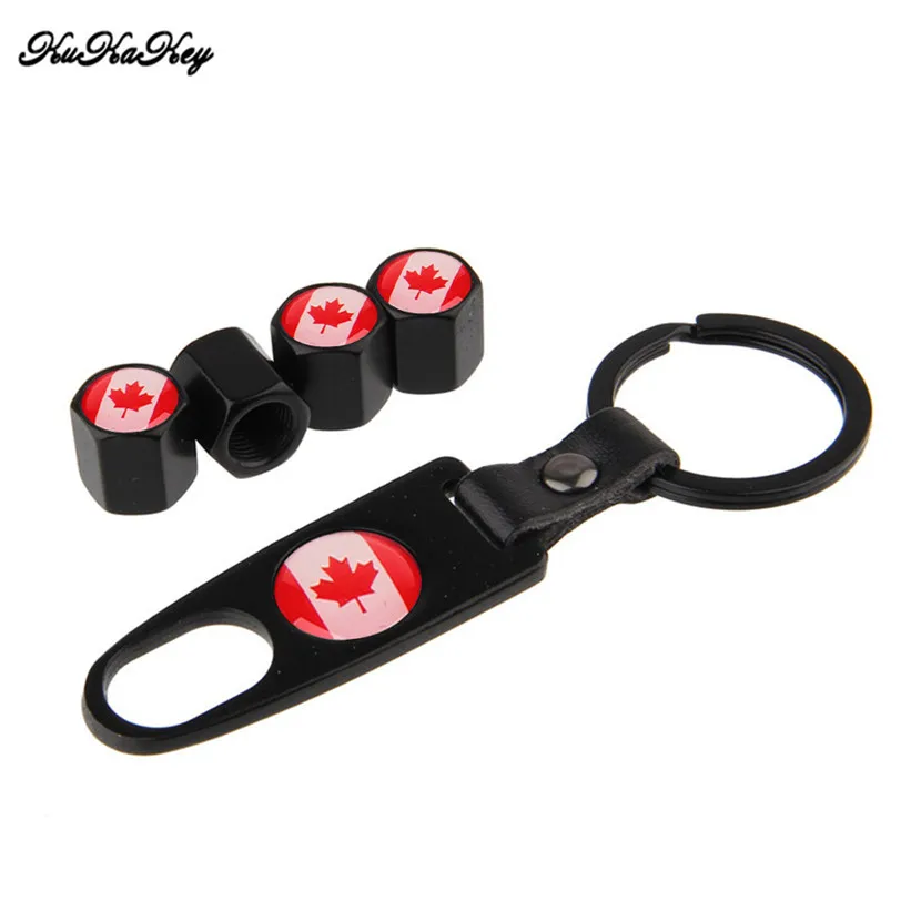 Car Tire Wheel Valve Caps With Keyring Keychain Canadian Flag Style Tyre Valve Dust Caps Bicycle Parts Motorcycle Accessories