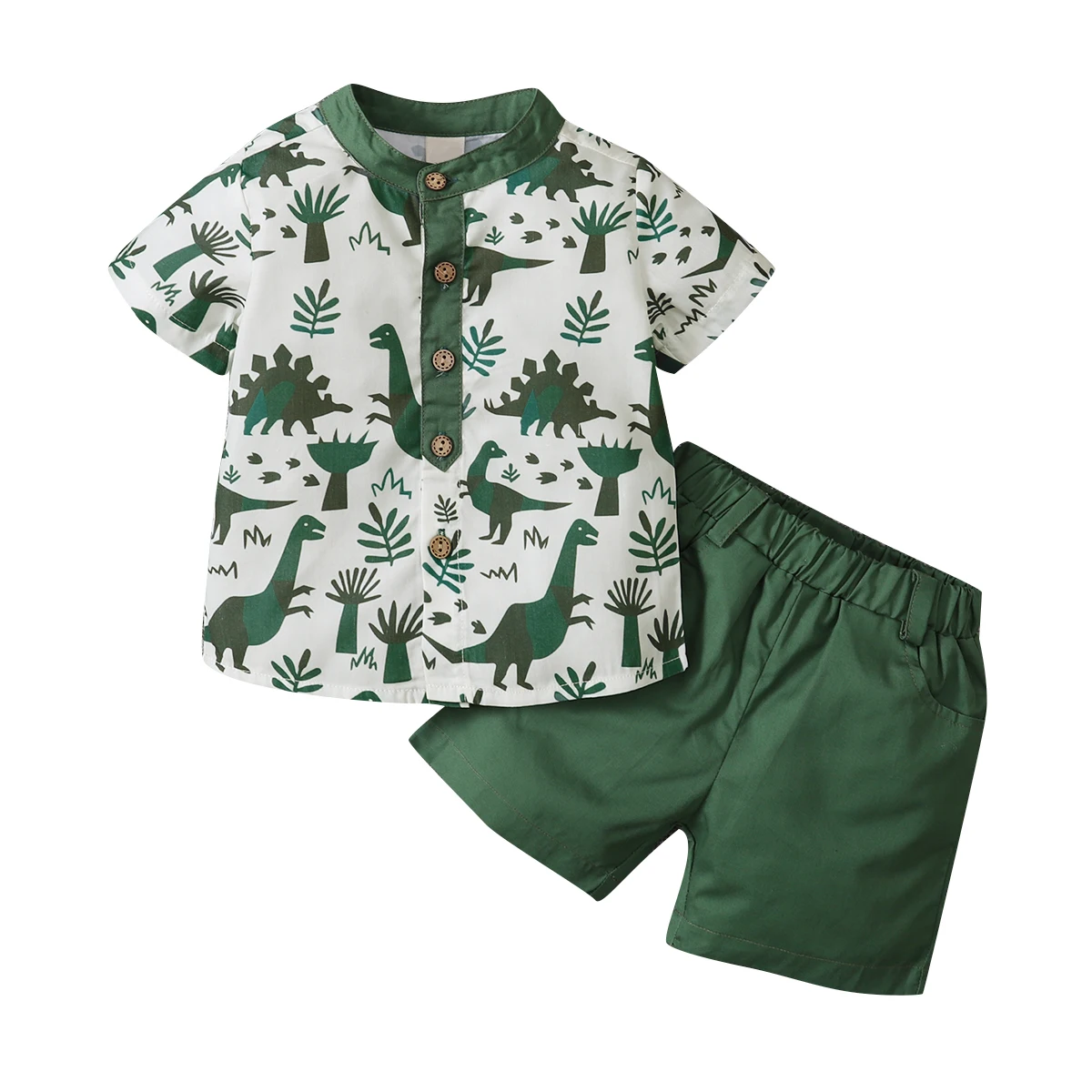 2021-04-02 Lioraitiin 0-5Years Toddler Boy 2Pcs Summer Outfits Short Sleeve Button Down Shirt  Solid Elastic Waist Shorts Set