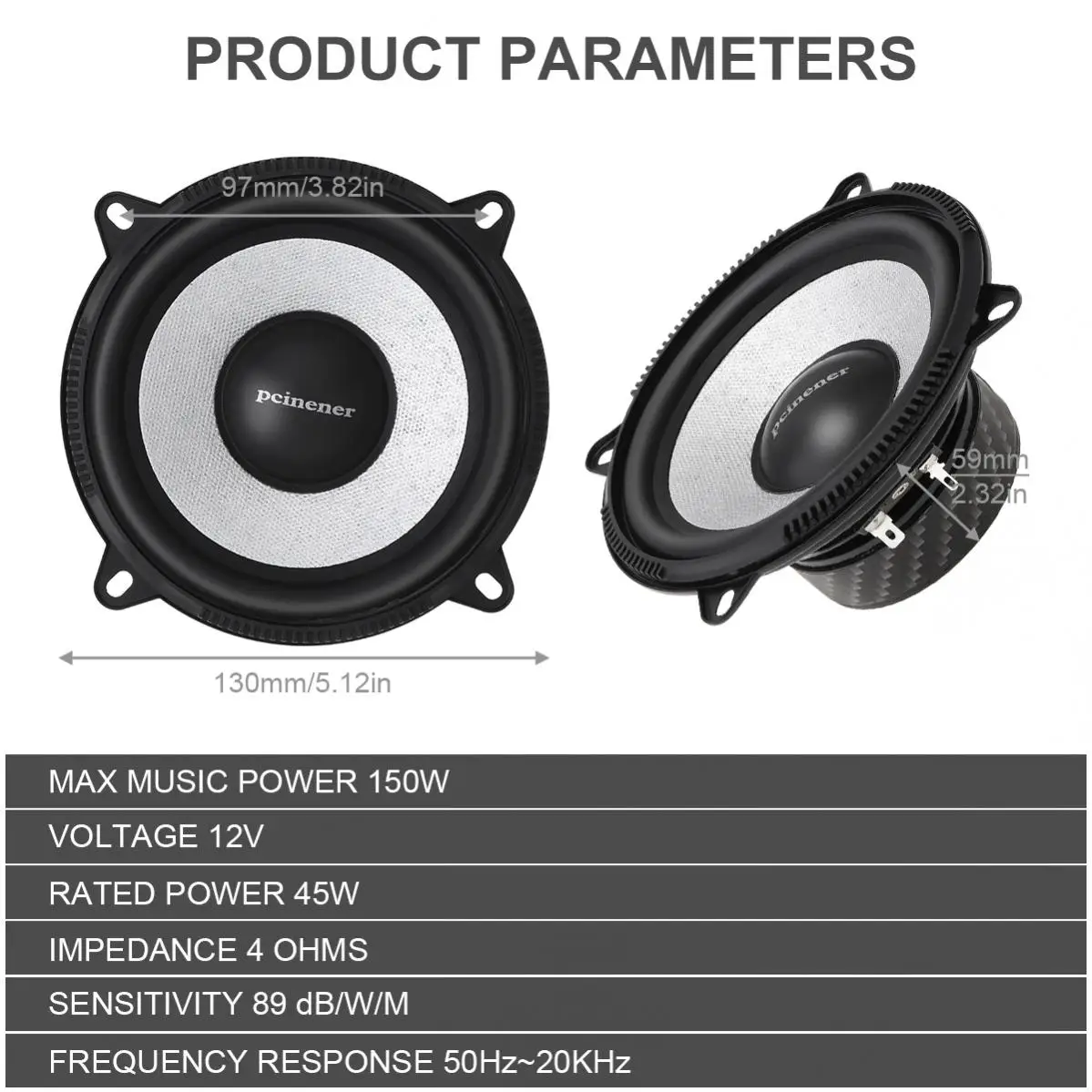 2pcs 5 Inch Car Component Speaker System 13cm 150W Vehicle Door Auto Audio Stereo Speakers Set HiFi with Tweeter Crossover