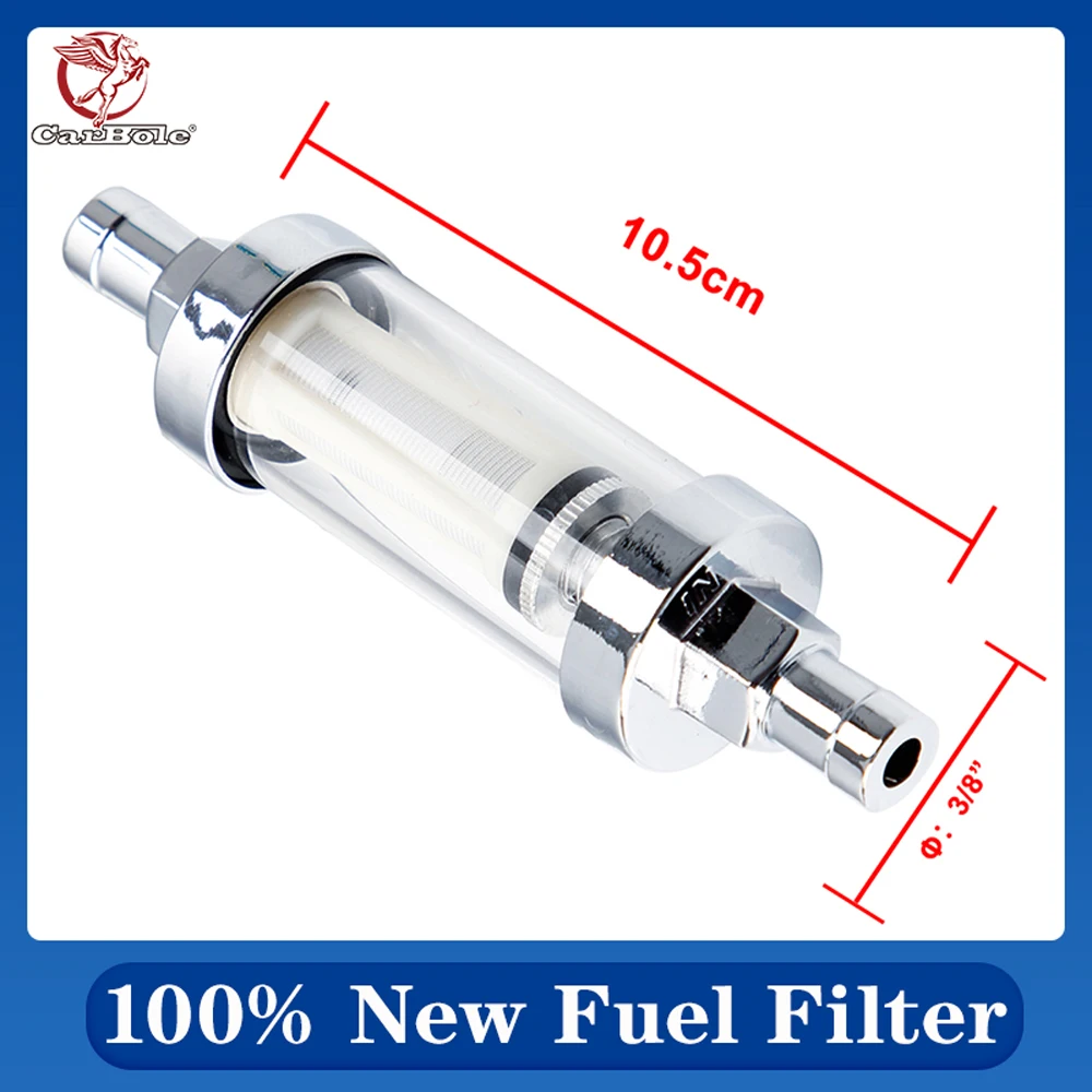 CARBOLE 100%  New Universal 3/8 Inch Clear Glass Inline Fuel Filter In & Out Chrome Plated Hose