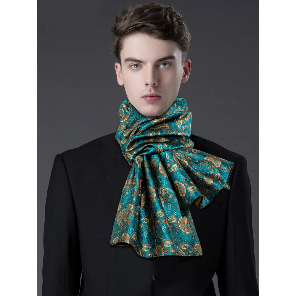 New Fashion Men Scarf Necktie Hanky Cufflinks Set Green Jacquard Paisley Silk Scarf Tie Autumn Winter Casual Business Barry.Wang