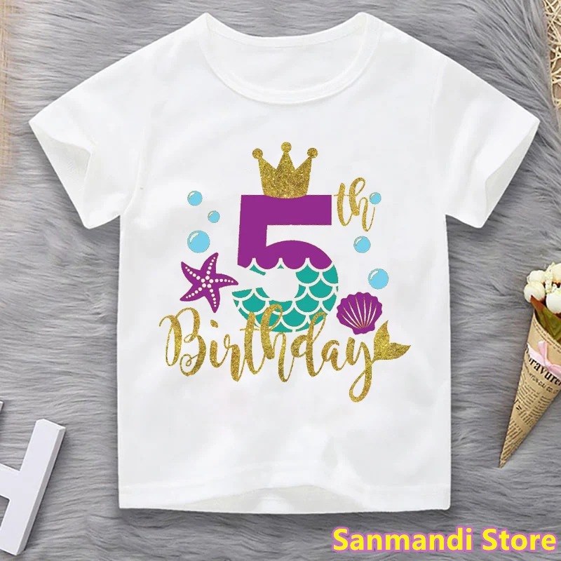 3th/4th/5th/6th/7th/8th/9th Birthday Gift Tshirt For Girls Kids Clothes Mermaid Crown Graphic Print T Shirt Children Clothing