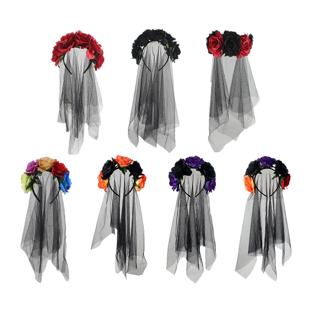 Hair Hoop Bride Veil Fancy Dress Costume European Beauty Rose Flower Crown Black Red Skull With Flowers Party Supply Headband