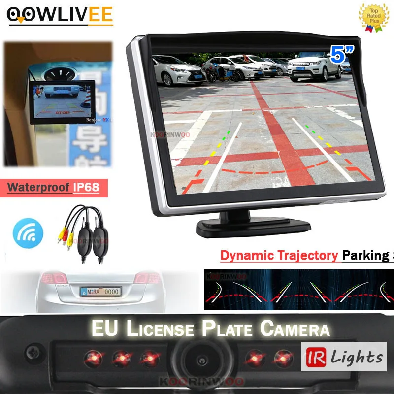 OOWLIVEE Wireless Intelligent Dynamic tracjectory Wide angle Licence For Cars number Camera Monitor Rear view Upside Down Screen