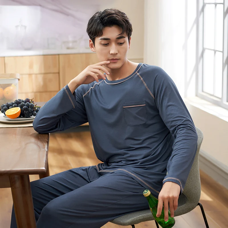 Grandes jardas L-XXXL pijamas masculinos primavera outono manga longa pijamas modal pijamas homem salão conjuntos de pijama