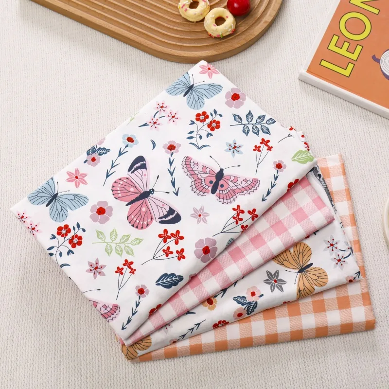 Butterfly Flower Grid Cotton Fabric DIY Sewing Dress Patchwork Quilting Fat Quarters Material Tissus For Baby&Child Tecido Tilda