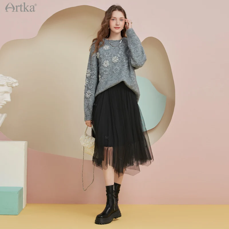 ARTKA 2025 A/W Nieuwe Vrouwen Rok Elegant Gaas Kant Elastische Hoge Taille Midi Rokken A-lijn Tweezijdig Slijtage Gebreide Rok QB29011D