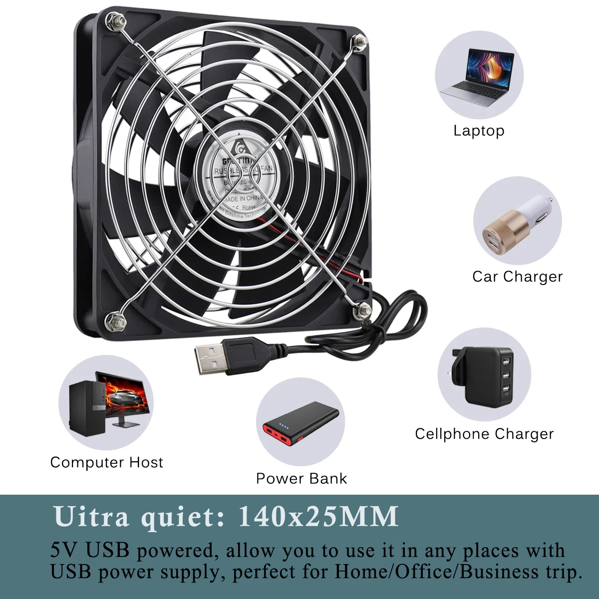 1PCS Gdstime DC 5V USB 140mm x 25mm 14cm Computer Case Cooler Fan 14025 Brushless High Performance Cooling Fan W/ Protective net