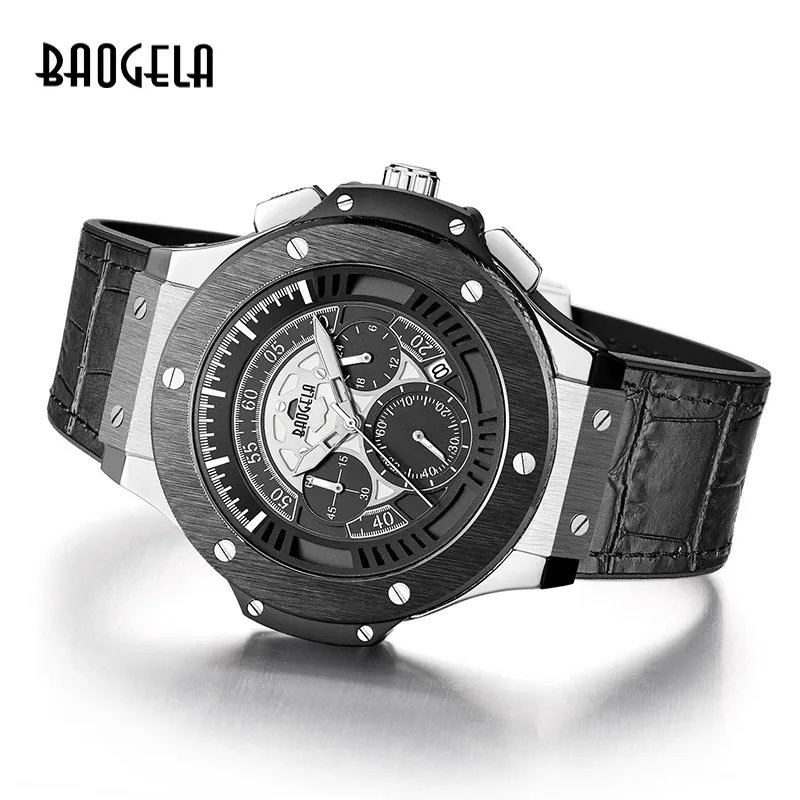 

BAOGELA Brand Men Watch Quartz Watch Gold Rubber Band 3ATM Water Resistant Chronograph Mens Quartz Wrist Watch 1910 Silver