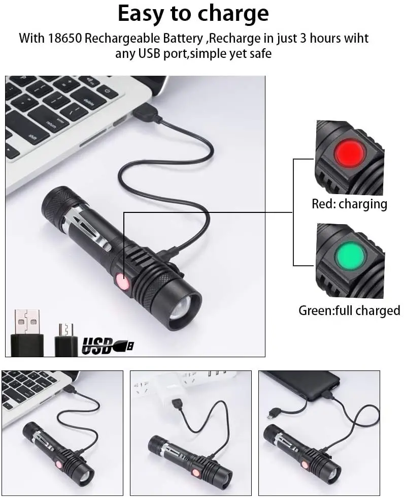 Pocketman LED Flashlights USB Rechargeable Flashlight Bicycle Torch Outdoor Waterproof Flashlight Zoom Torch