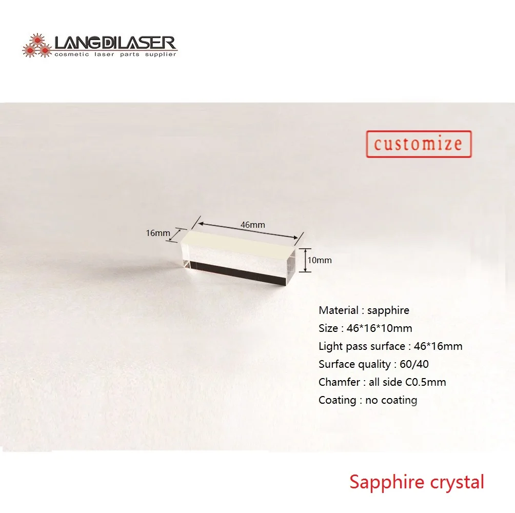 Customization Sapphire Light Guide Crystal / Dimension : 46*16*10mm / Light Pass Through 46*16mm / Material : sapphire