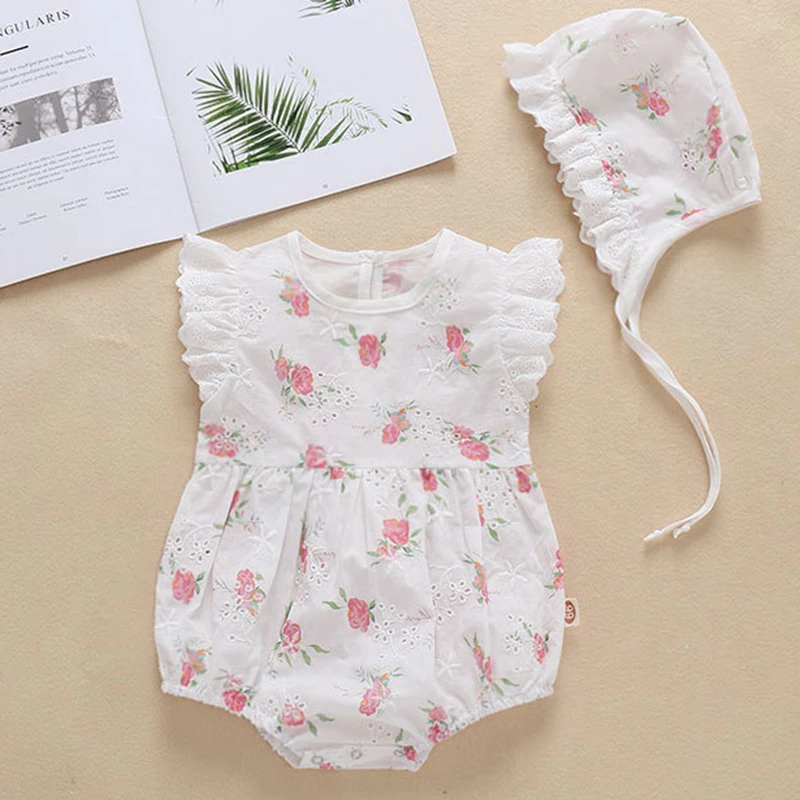 

Summer Baby Girls Clothes Suit Sleeveless Cotton Hollow Out Flower Romper+Hat Newborn Baby Girls Jumpsuit Korean Style