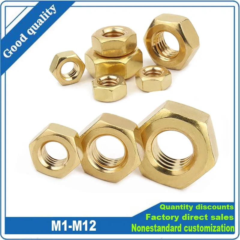 5/10/20/50/100pcs DIN934 Solid Brass Copper Hex Hexagon Nut for M1 M1.2 M1.4 M1.6 M2 M2.5 M3 M4 M5 M6 M8 M10 M12 Screw Bolt