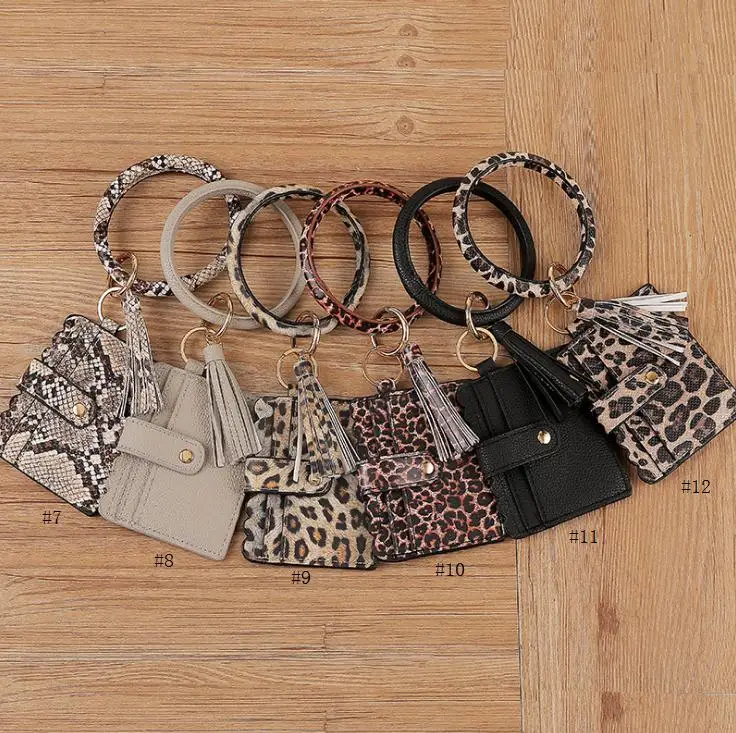 Hot Leather Bracelet Keychain Leopard Plaid Pu Tassel Credit Card Wallet Wristlet Coin Purse Card Bag Party Favor Wholesale