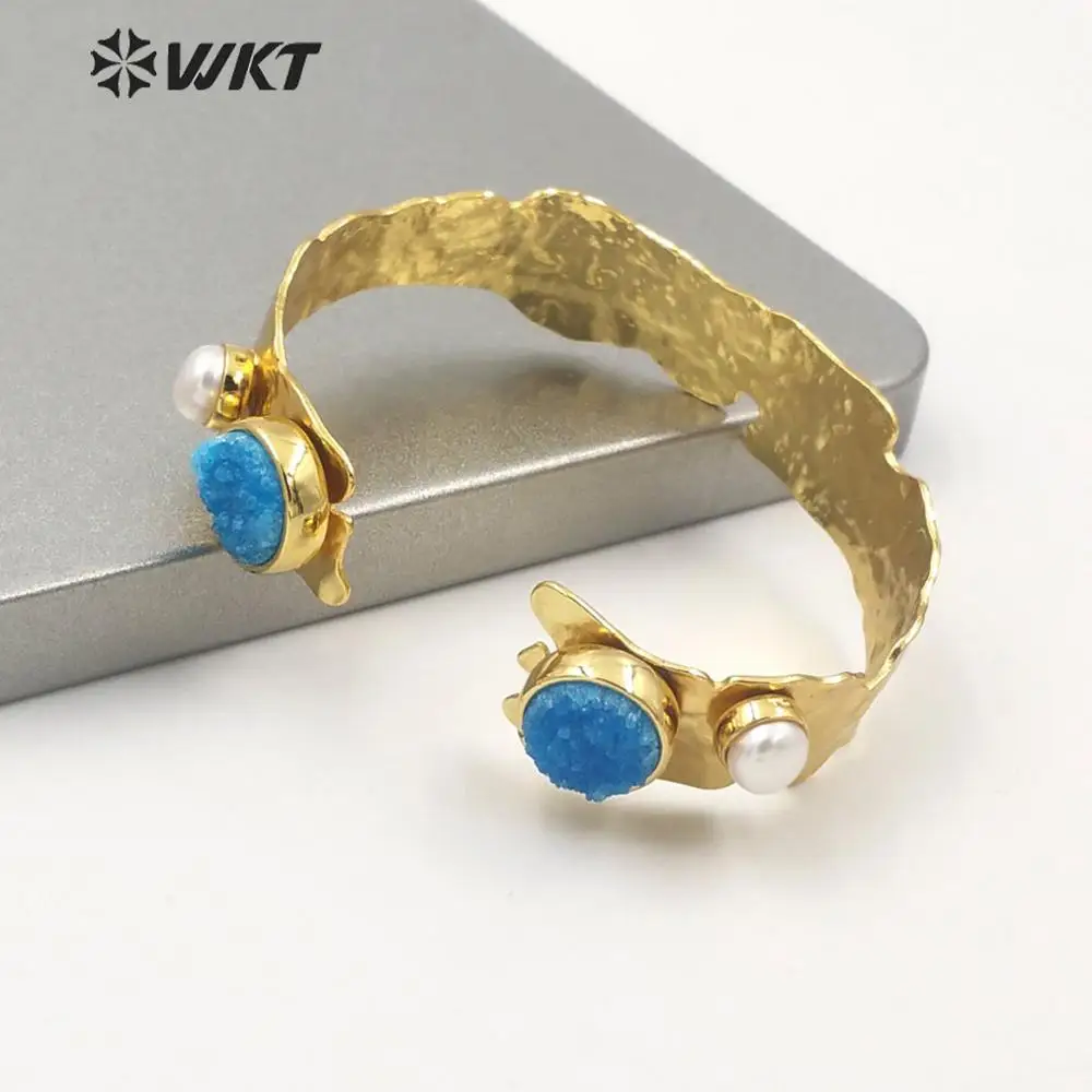 WT-B565 WKT Wholesale Lady Party Bangle Double Druzy Quartz Stone Bangle With Gold Eletoplated Popular Cuff Bangle