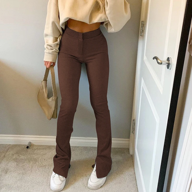 Women Fashion Split Flare Pants Solid Color Slim Fit Legging Sweatpants Casual Elastic High Waist Bell-Bottoms Trousers