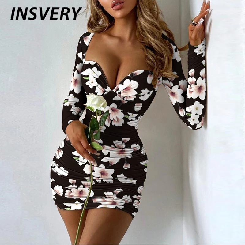 Nữ ĐẦM Boho Tay Dài Cổ Đầm Dự Tiệc Nữ Thời Trang Đầm Ngắn 2021 In Hoa Bodycon Đầm Nữ