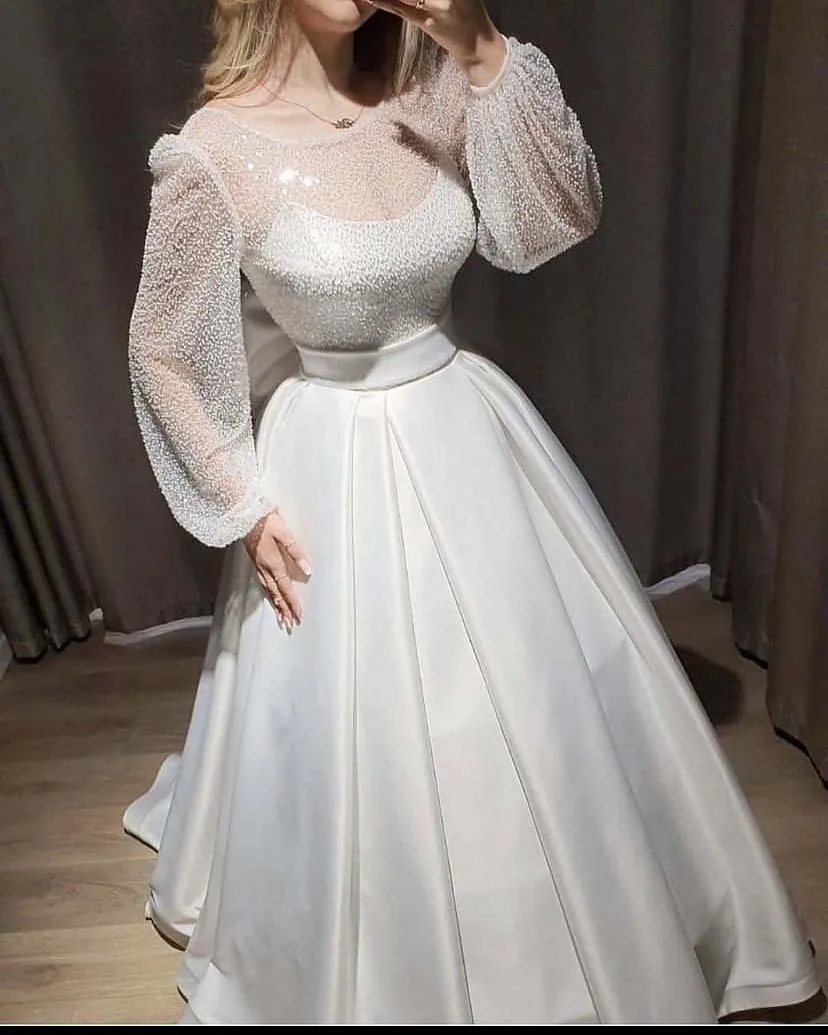 Simple but Elegant Wedding Dresses Scoop Beaded Lace Pleated Long Sleeve A Line Vestidos De Novias