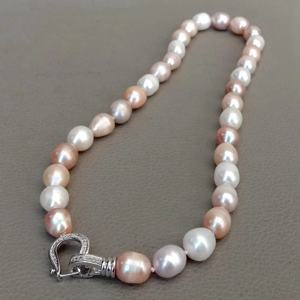 natural Freshwater Pearl Pink Purple White Rice Mixed Color Pearl Choker Necklace cz pave clasp For Women Girl Jewelry Gift