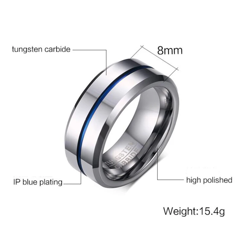 Somen Fashion 8MM Blue Line Polished Tungsten Carbide Ring Simple Style Wedding Bands Party Ring for Men Jewelry bague anillos — zdjęcie 6